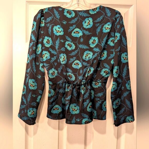 J. Crew Satin back crepe peplum button-front black green floral blouse shirt 2 - Picture 4 of 13